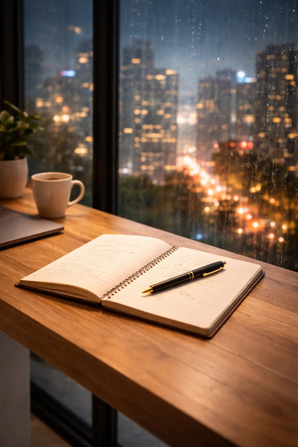 Making notes ovelooking the night city